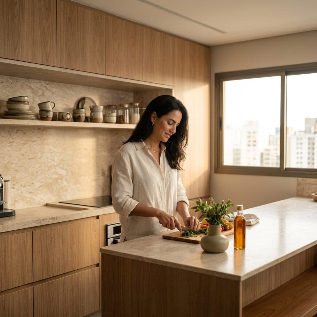 Pessoa preparando o almoço na cozinha de casa, em luz natural, expressão tranquila