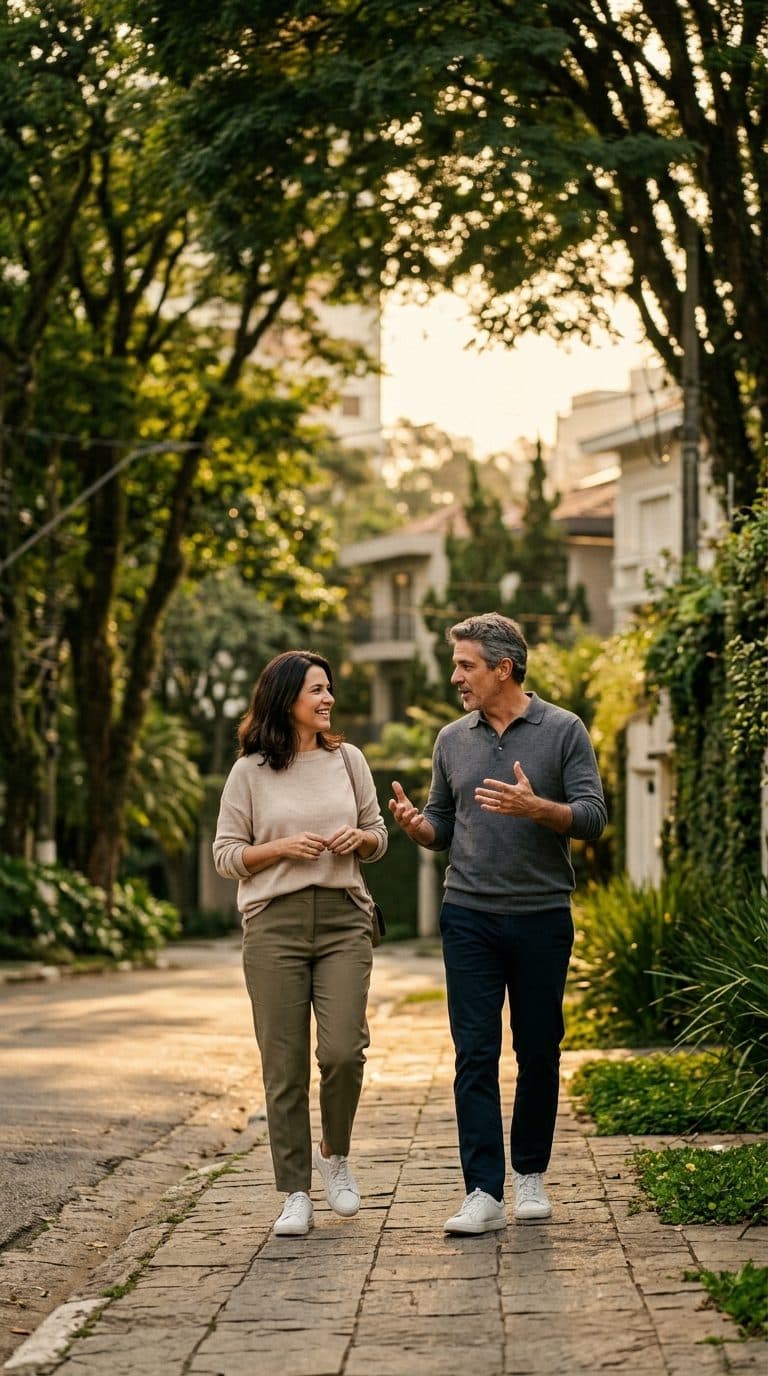 Duas pessoas conversando enquanto caminham por uma calçada arborizada, roupa do dia a dia
